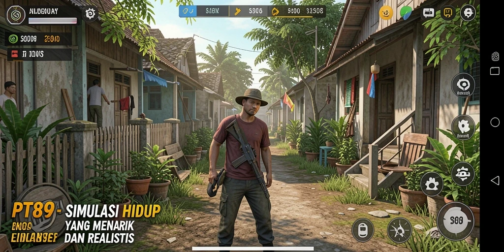 Tangkapan layar utama menunjukkan gameplay simulasi yang hidup dan interaktif.